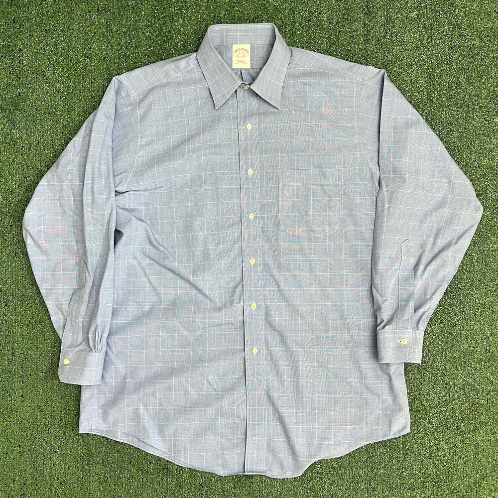 Brooks Brothers Blue Windowpane Dress Shirt 16 33 Traditional Cotton Non Iron